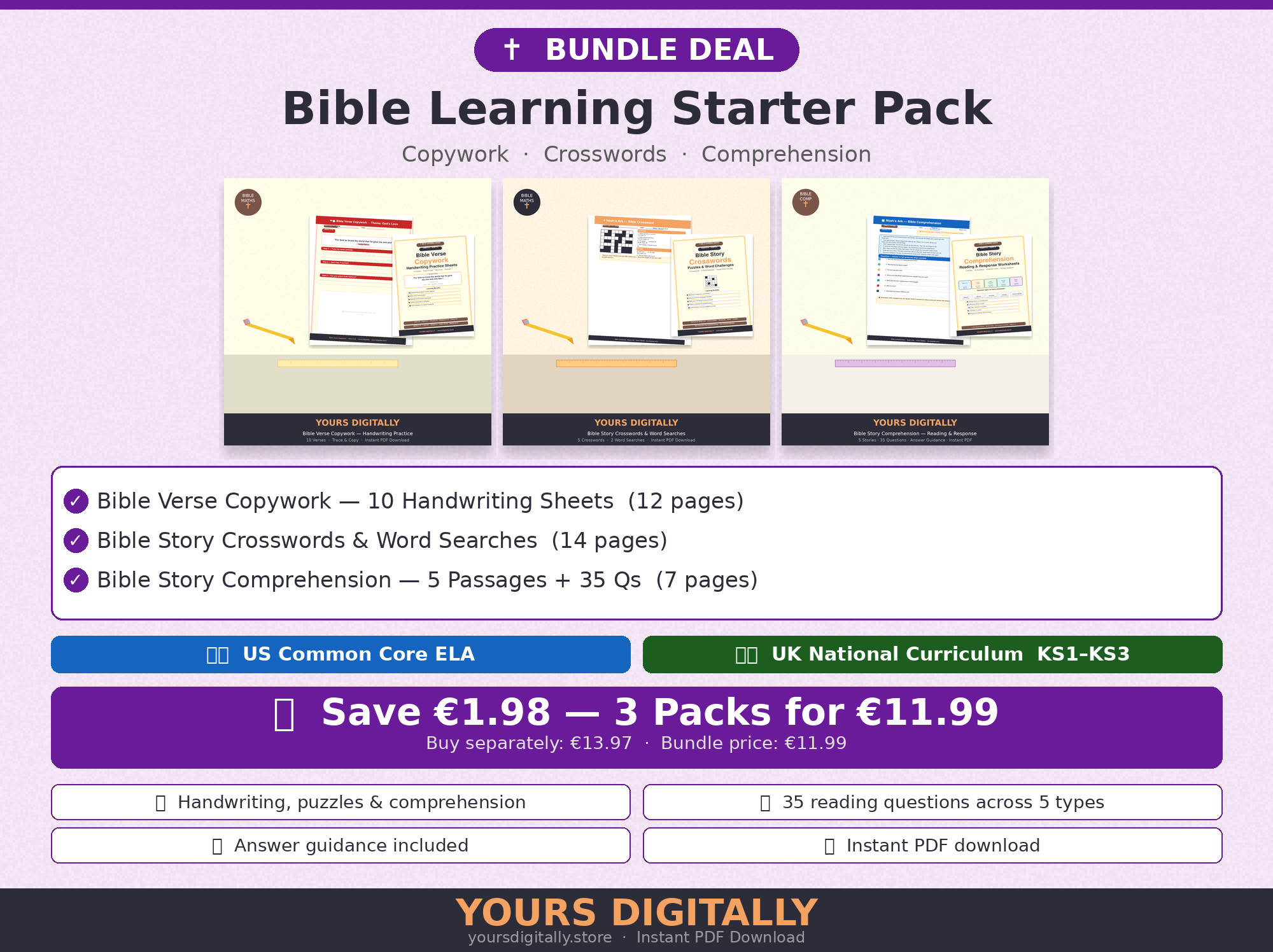 Bible Learning Starter Pack — Copywork, Crosswords &amp; Comprehension PDFs