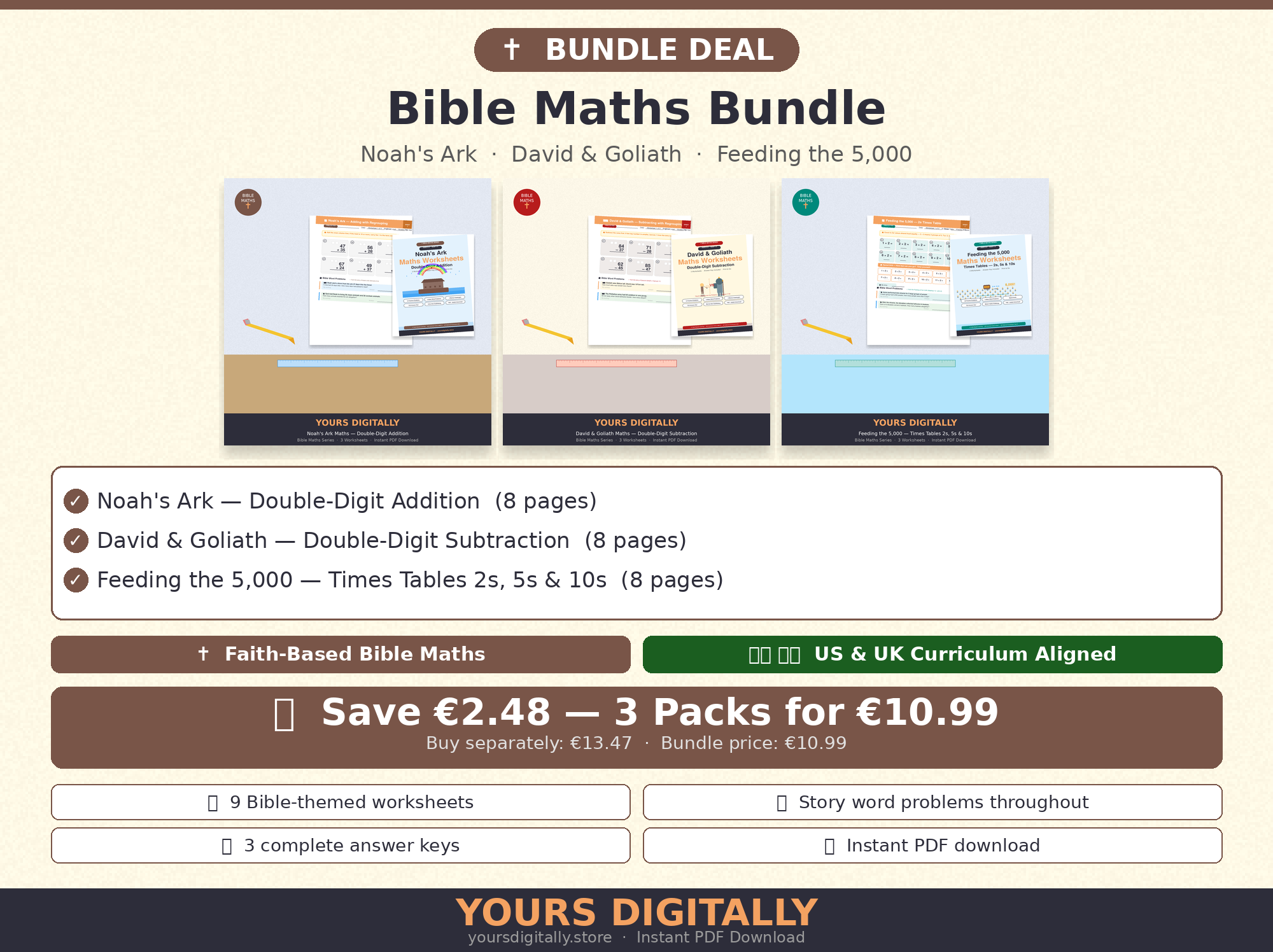 Bible Maths Bundle — Noah's Ark, David &amp; Goliath &amp; Feeding the 5,000 PDFs