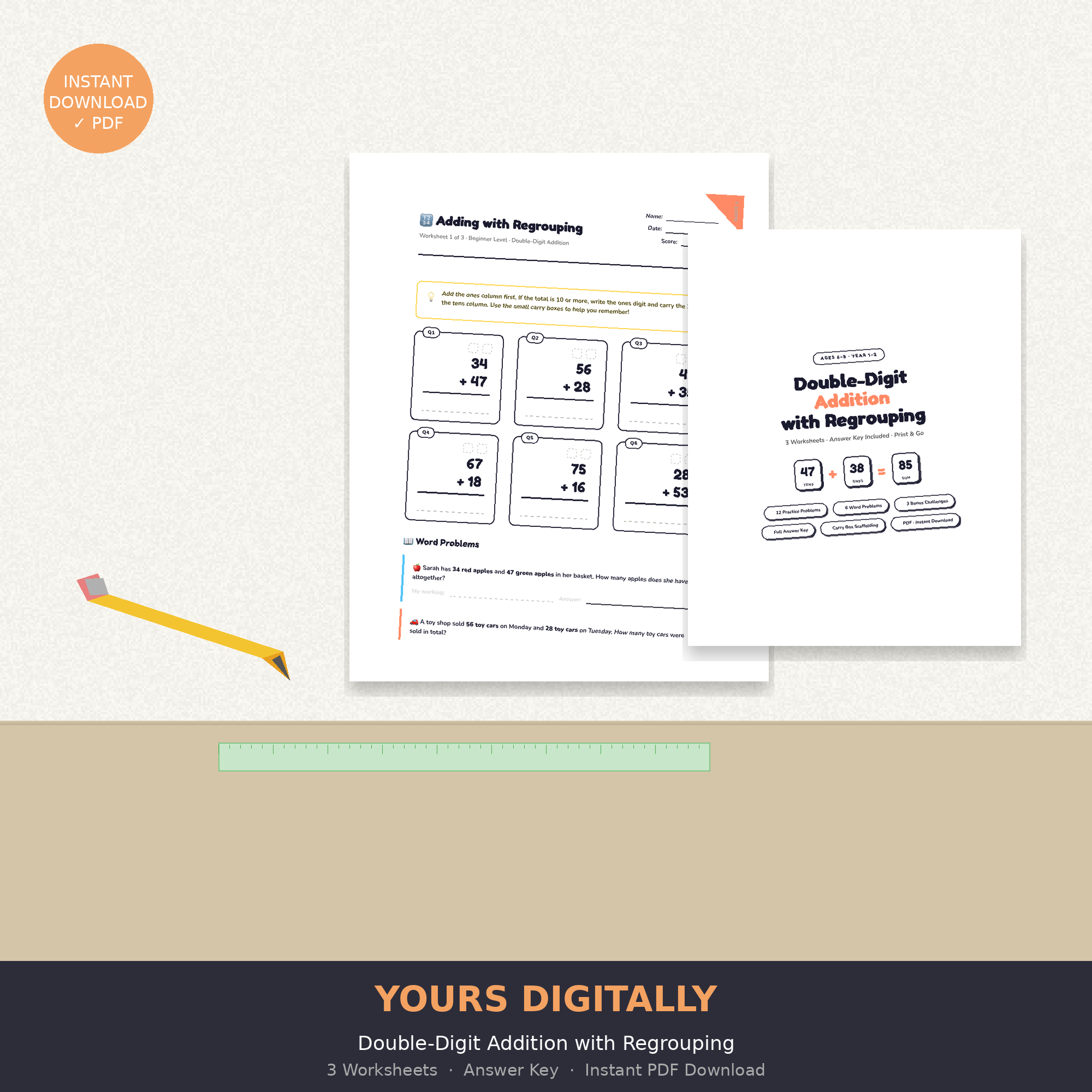 Double-Digit Addition Worksheets — Regrouping PDF