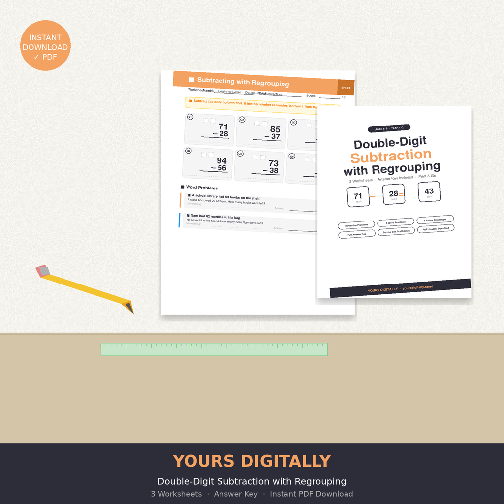 Double-Digit Subtraction with Regrouping Worksheets — PDF