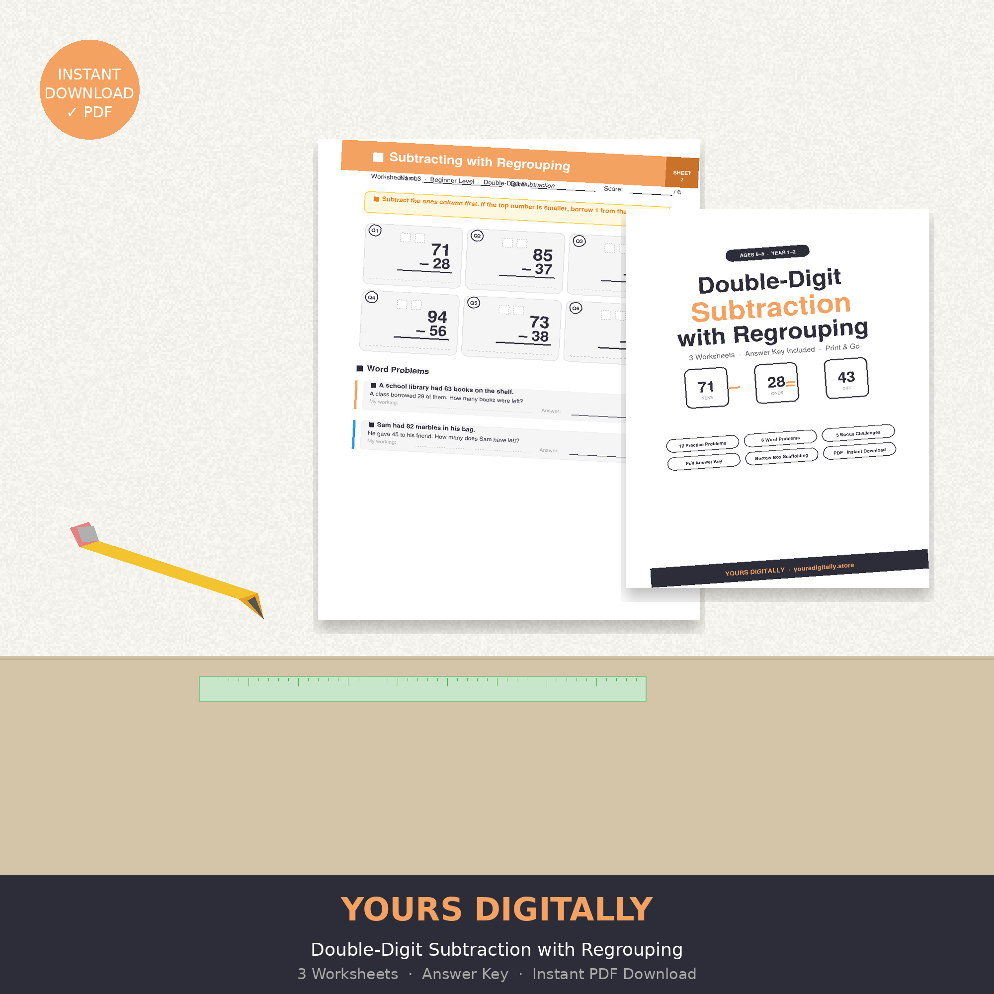 Double-Digit Subtraction with Regrouping Worksheets — PDF