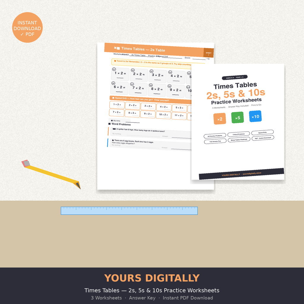 Times Tables Practice Worksheets — 2s, 5s & 10s — PDF